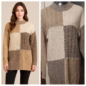 Grandmacore Patchwork Sweater Wool Blend Neutral Chunky Knit